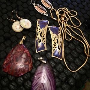SALE! 2 Stone Pendants, 3 Earrings & a Long New Golden Snake Chain -all included